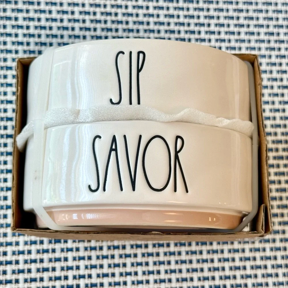 Rae Dunn SIP & SAVOR Set of 2 Pet Food Water Ceramic Bowls NEW!!